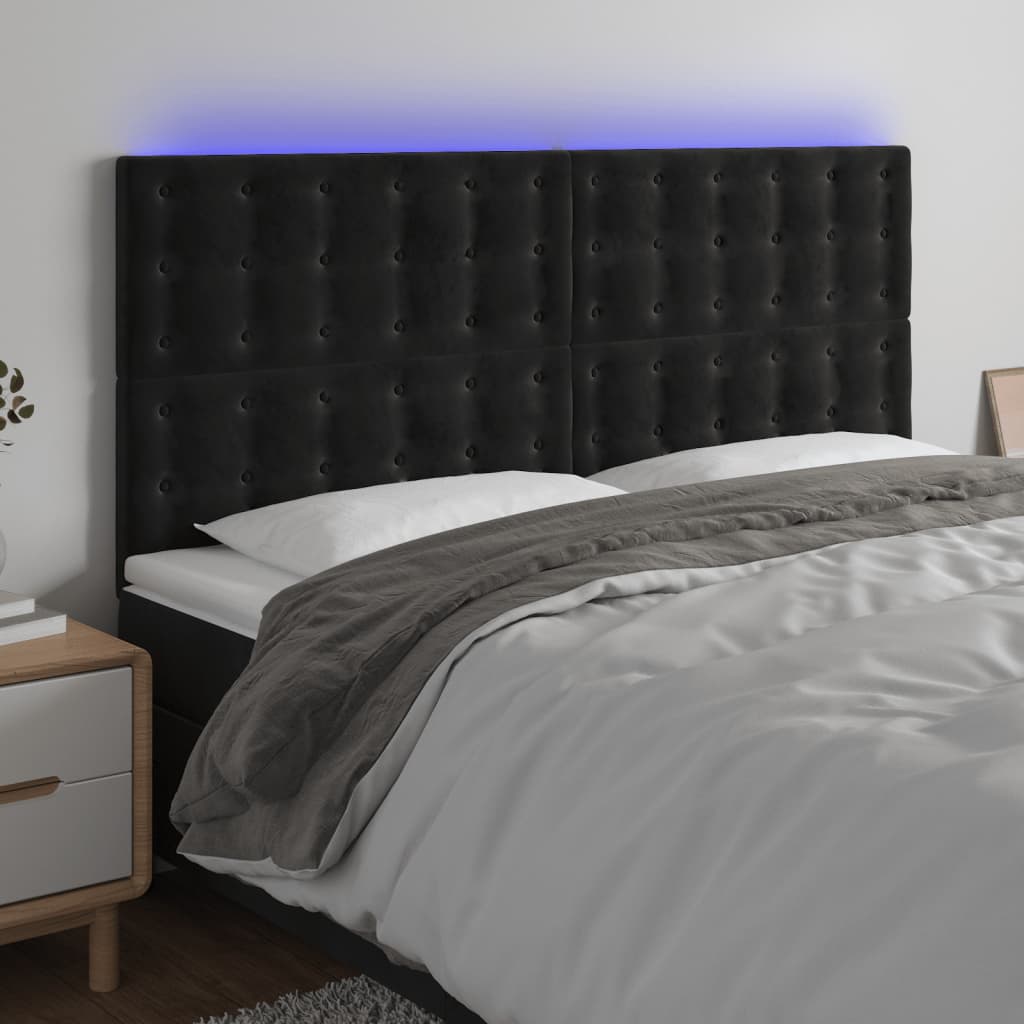 vidaXL Cabeceira de cama c/ luzes LED veludo 180x5x118/128 cm preto