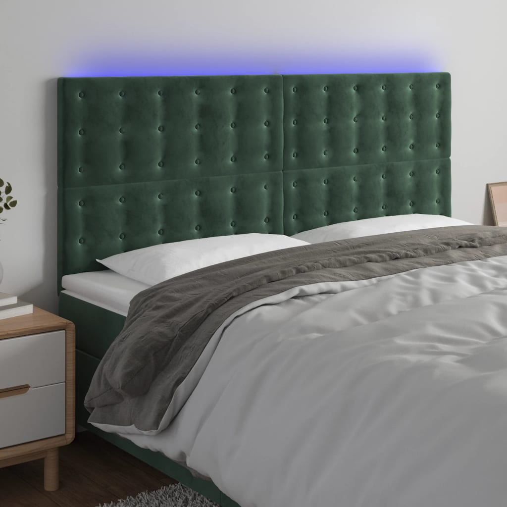 vidaXL Cabeceira de cama c/ LED veludo 160x5x118/128 cm verde-escuro