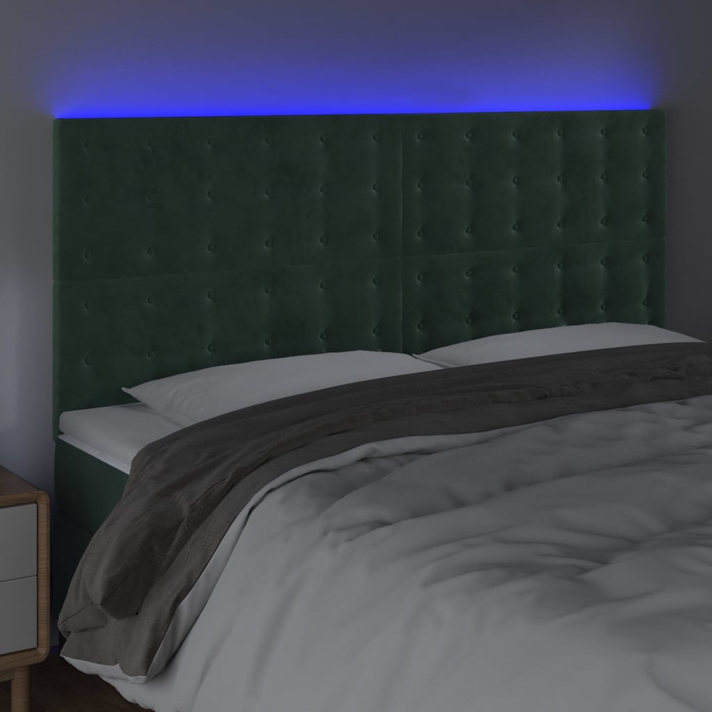 vidaXL Cabeceira de cama c/ LED veludo 160x5x118/128 cm verde-escuro