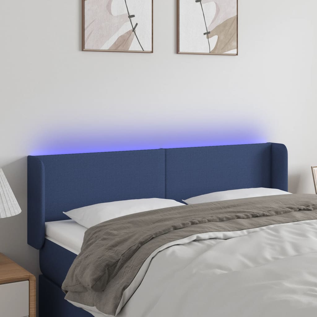 vidaXL Cabeceira de cama c/ luzes LED tecido 147x16x78/88 cm azul