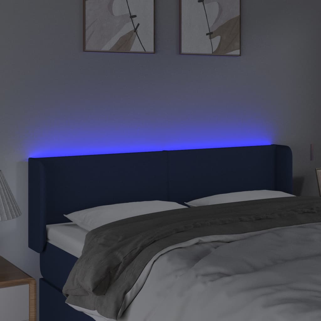 vidaXL Cabeceira de cama c/ luzes LED tecido 147x16x78/88 cm azul