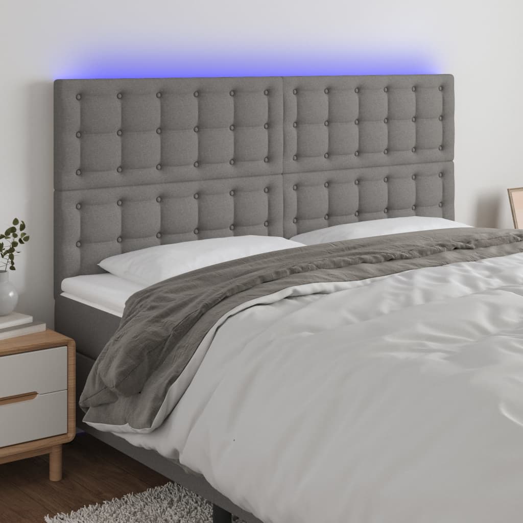 vidaXL Cabeceira de cama c/ LED tecido 180x5x118/128 cm cinza-escuro