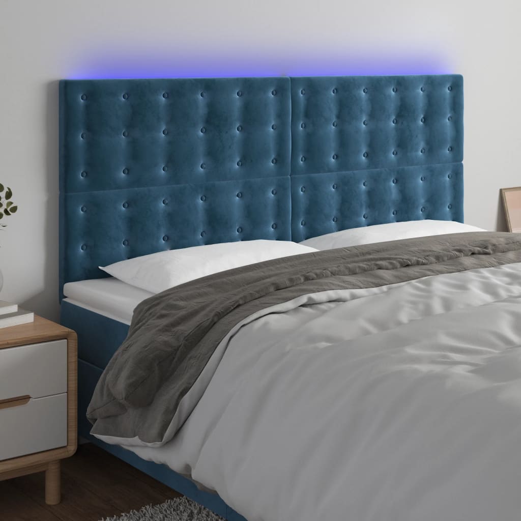 vidaXL Cabeceira cama c/ luzes LED veludo 180x5x118/128cm azul-escuro