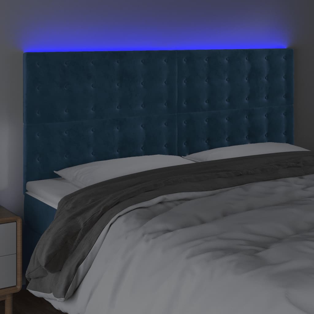 vidaXL Cabeceira cama c/ luzes LED veludo 180x5x118/128cm azul-escuro