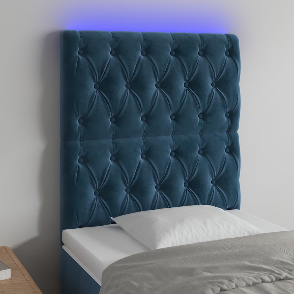 vidaXL Cabeceira cama c/ luzes LED veludo 80x7x118/128cm azul-escuro