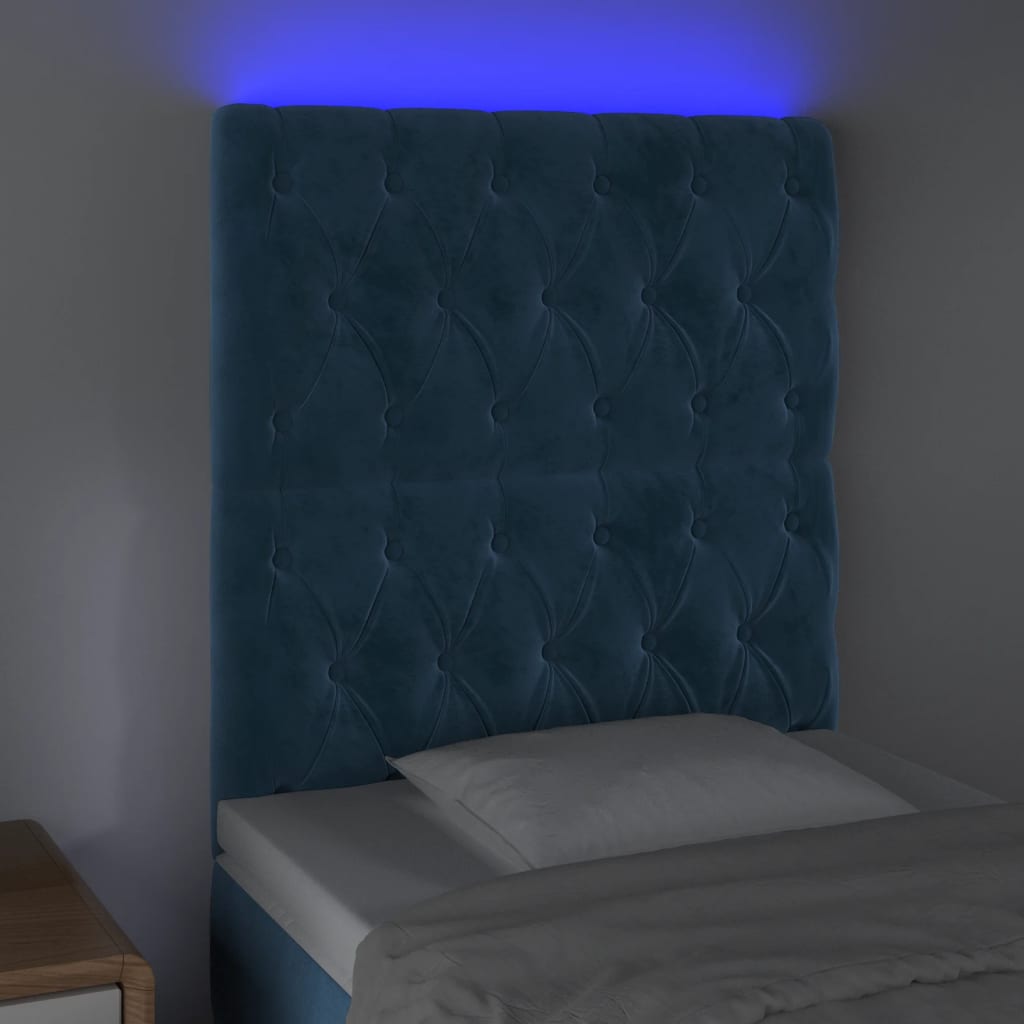 vidaXL Cabeceira cama c/ luzes LED veludo 80x7x118/128cm azul-escuro