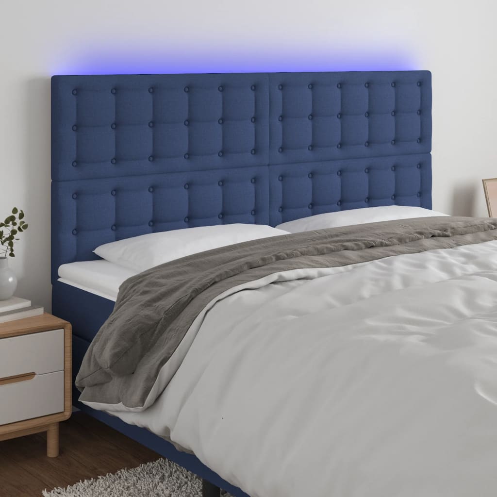 vidaXL Cabeceira de cama c/ luzes LED tecido 180x5x118/128 cm azul