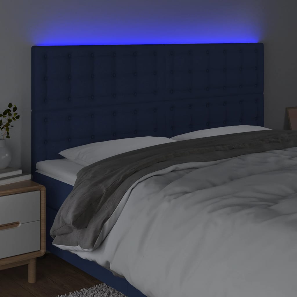 vidaXL Cabeceira de cama c/ luzes LED tecido 180x5x118/128 cm azul