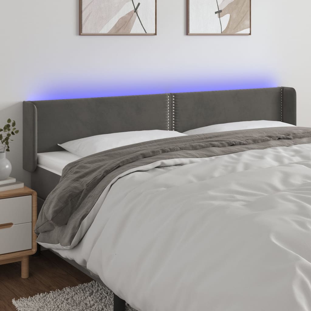 vidaXL Cabeceira cama c/ luzes LED veludo 163x16x78/88cm cinza-escuro