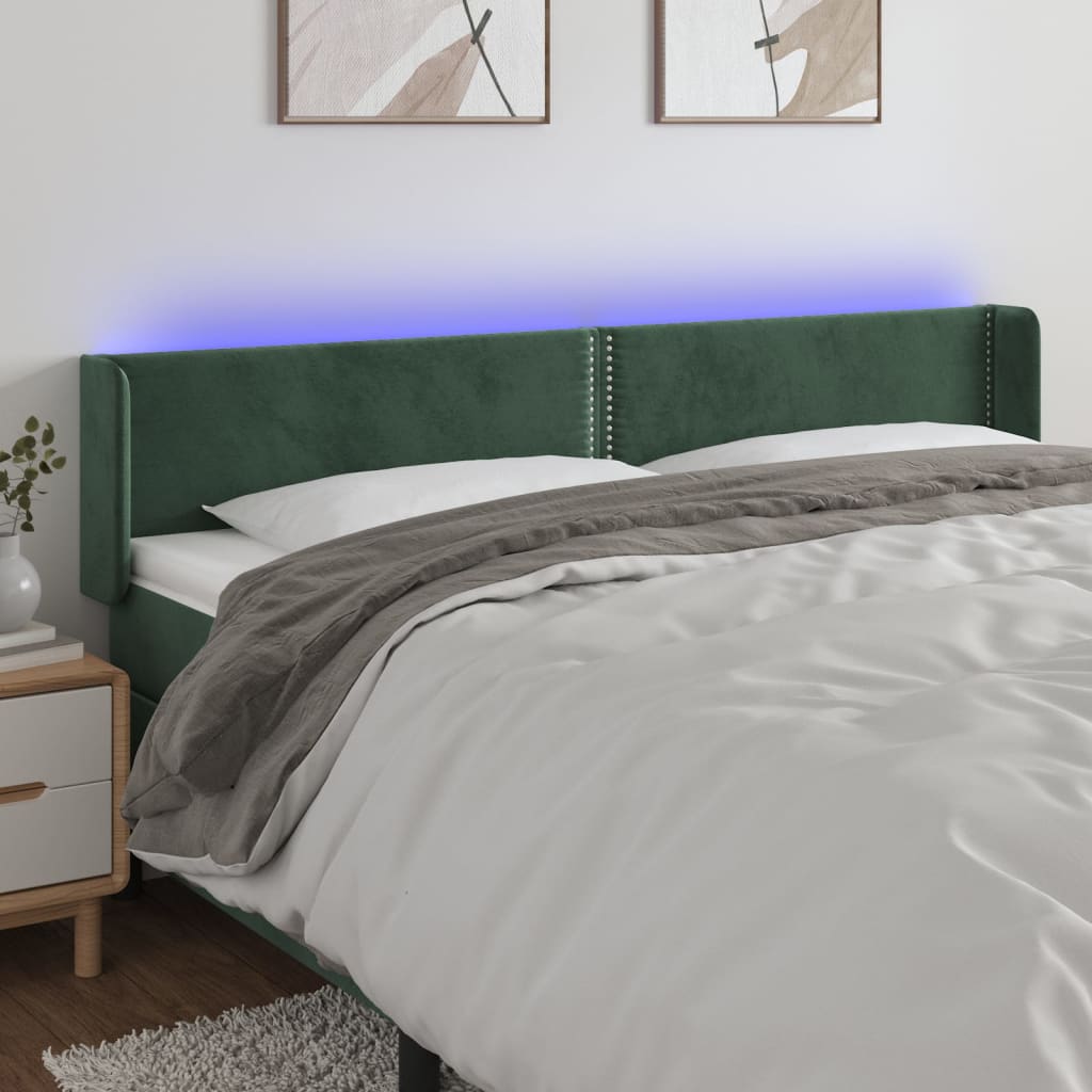 vidaXL Cabeceira cama c/ luzes LED veludo 163x16x78/88 cm verde-escuro