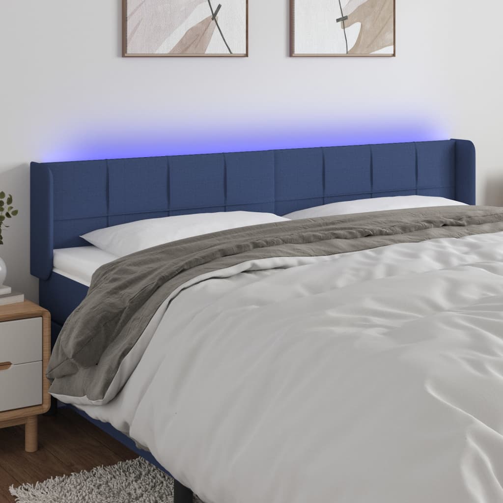 vidaXL Cabeceira de cama c/ luzes LED tecido 163x16x78/88 cm azul