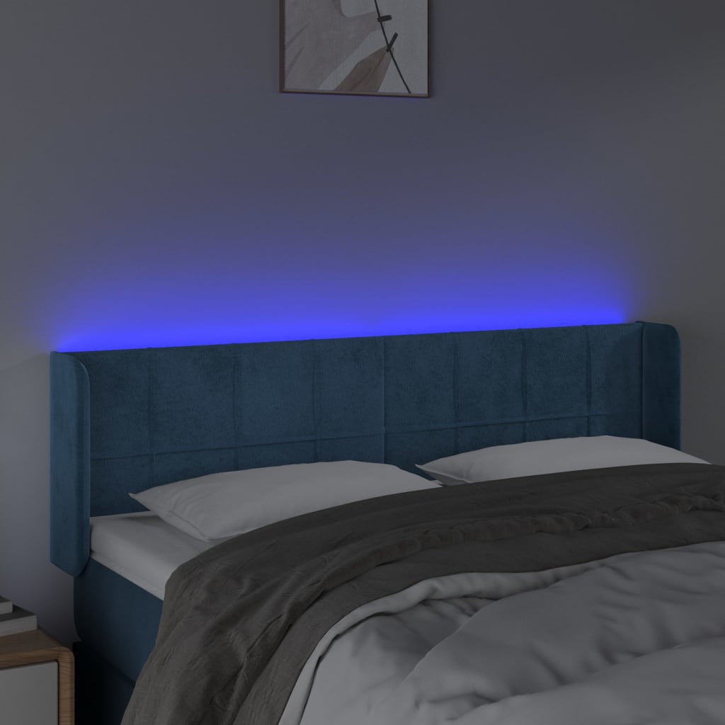 vidaXL Cabeceira cama c/ luzes LED veludo 147x16x78/88 cm azul-escuro