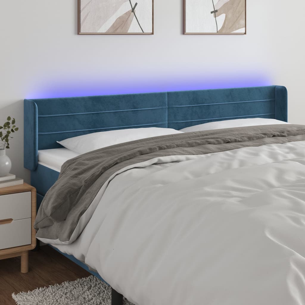 vidaXL Cabeceira cama c/ luzes LED veludo 183x16x78/88 cm azul-escuro