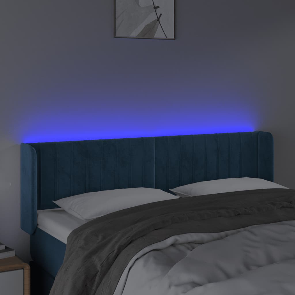 vidaXL Cabeceira cama c/ luzes LED veludo 147x16x78/88 cm azul-escuro