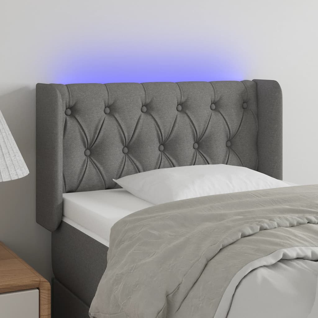 vidaXL Cabeceira cama c/ luzes LED tecido 83x16x78/88cm cinza-escuro