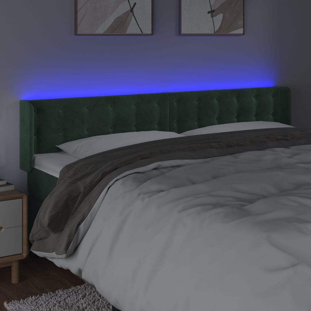 vidaXL Cabeceira cama c/ luzes LED veludo 183x16x78/88 cm verde-escuro