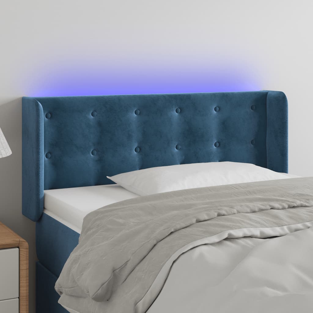 vidaXL Cabeceira de cama c/ luzes LED veludo 83x16x78/88cm azul-escuro