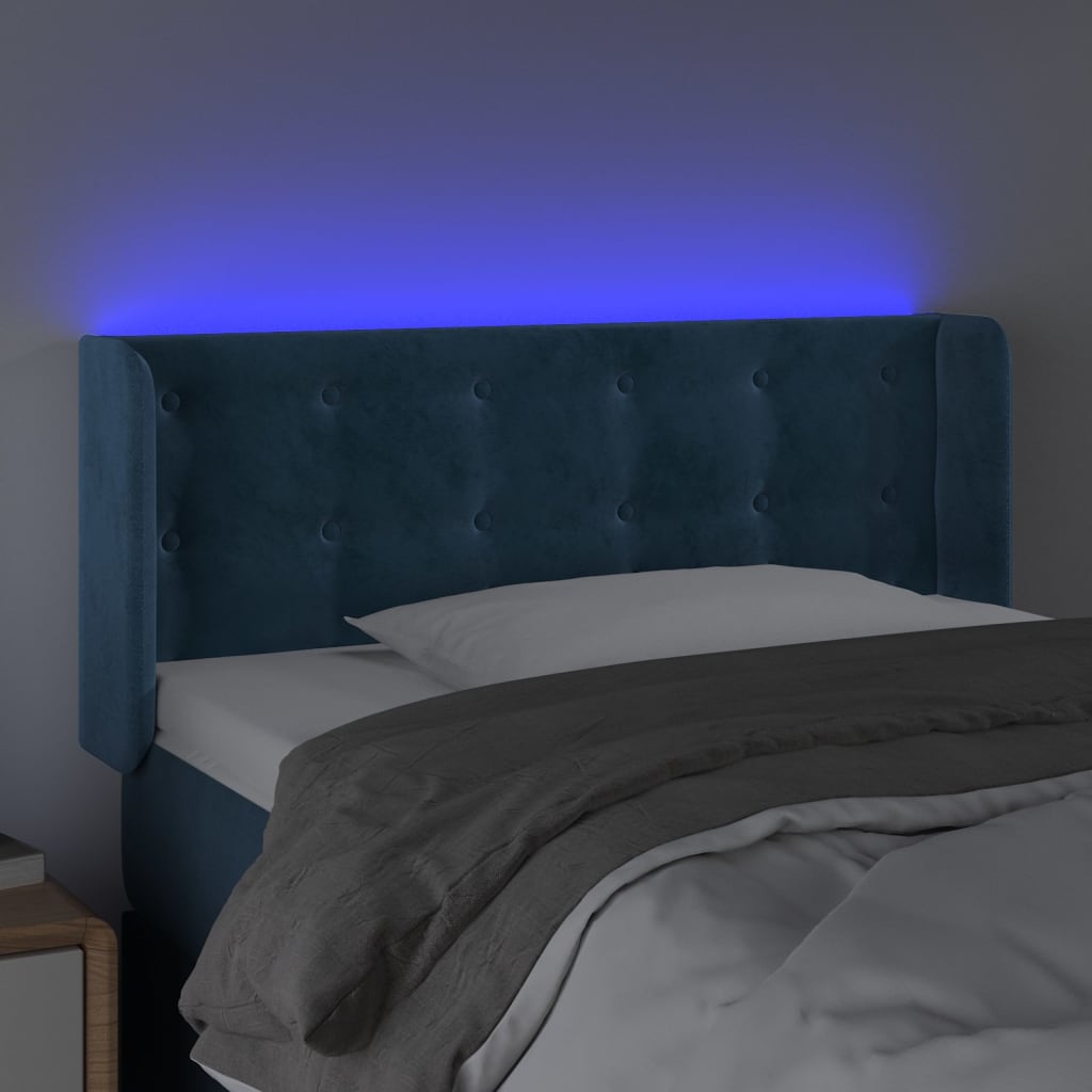 vidaXL Cabeceira de cama c/ luzes LED veludo 83x16x78/88cm azul-escuro