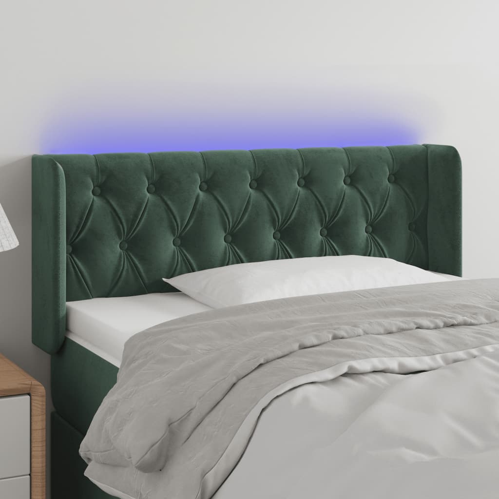 vidaXL Cabeceira cama c/ luzes LED veludo 103x16x78/88 cm verde-escuro