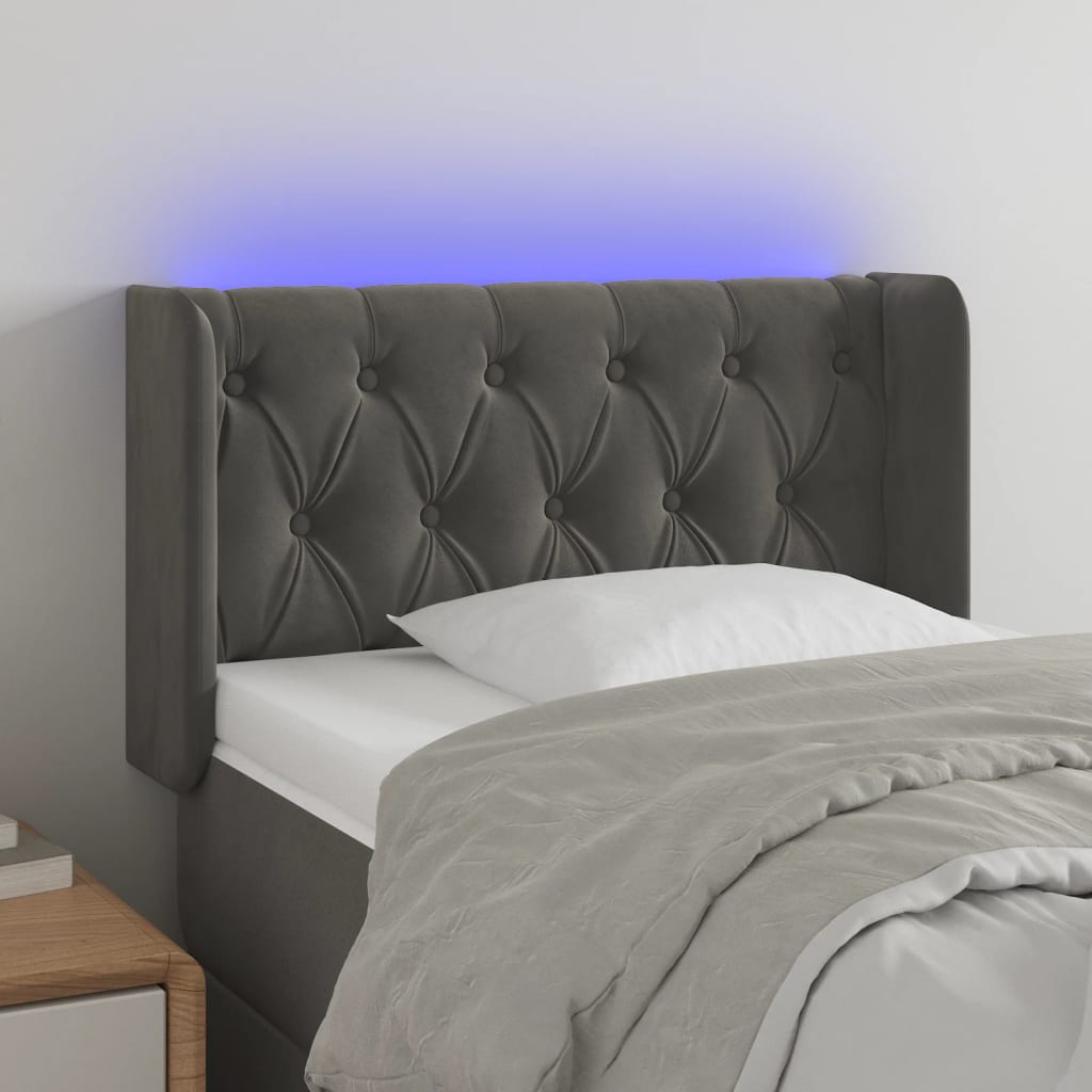 vidaXL Cabeceira cama c/ luzes LED veludo 83x16x78/88cm cinza-escuro