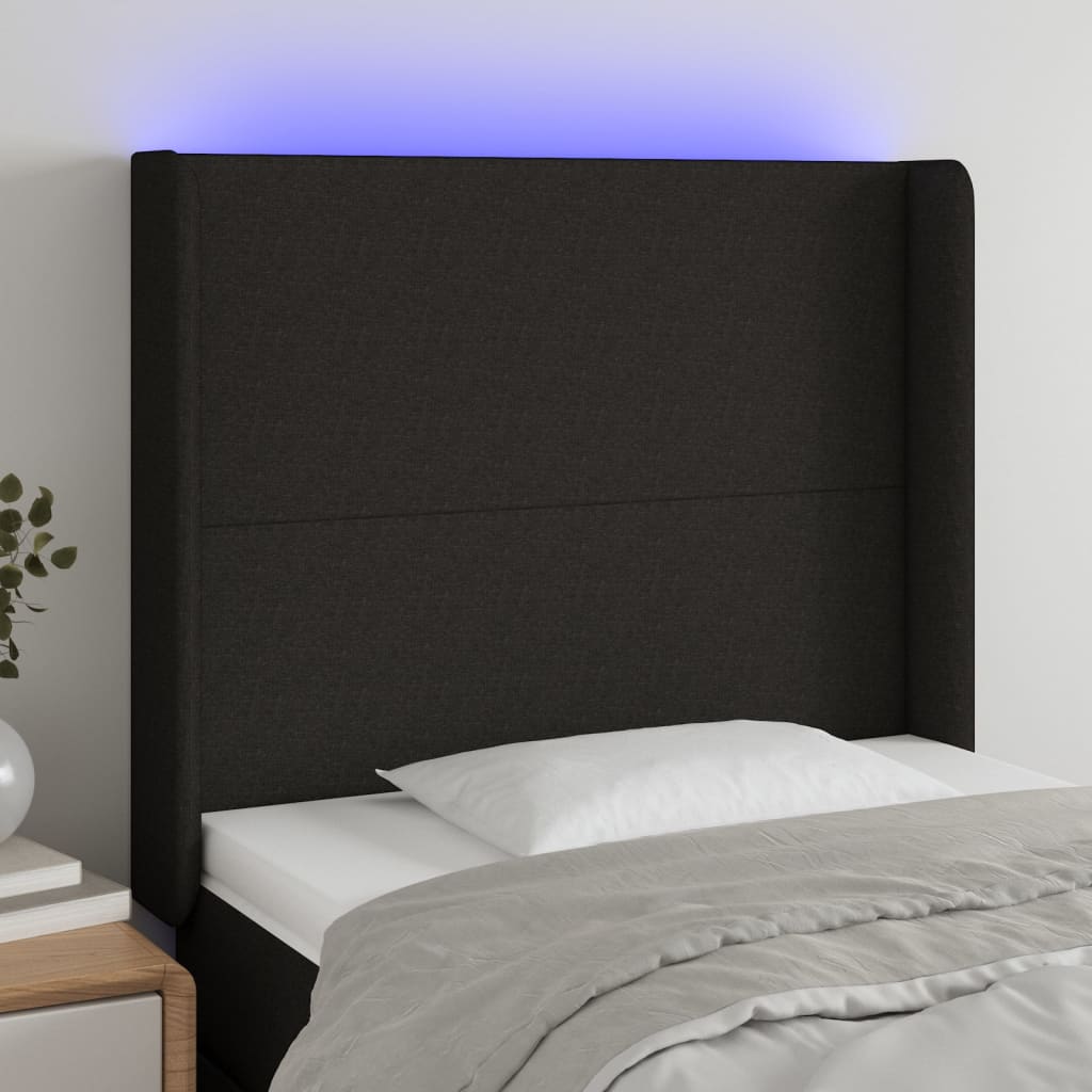 vidaXL Cabeceira de cama c/ luzes LED tecido 93x16x118/128 cm preto