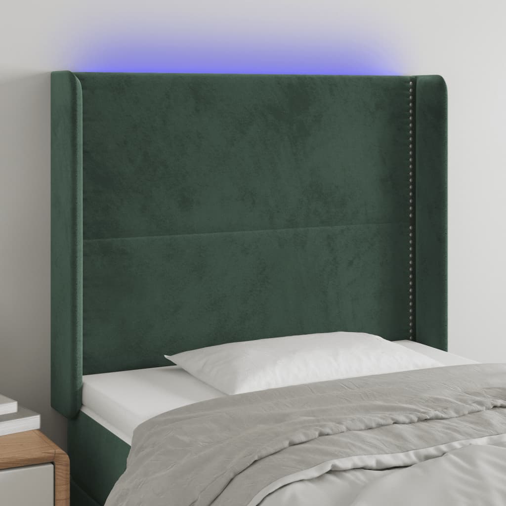 vidaXL Cabeceira de cama c/ LED veludo 103x16x118/128 cm verde-escuro