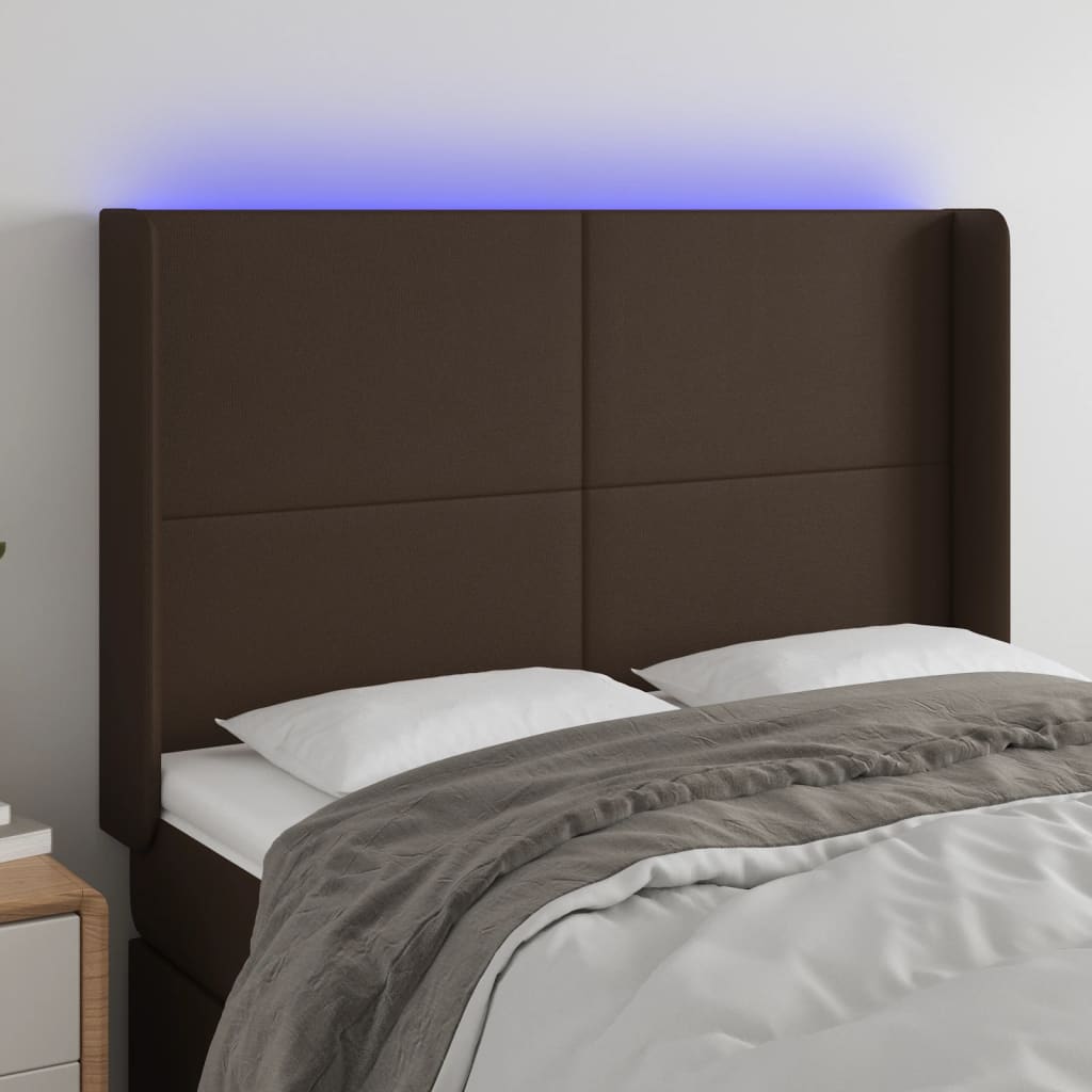 vidaXL Cabeceira cama c/ LED couro artif. 147x16x118/128 cm castanho