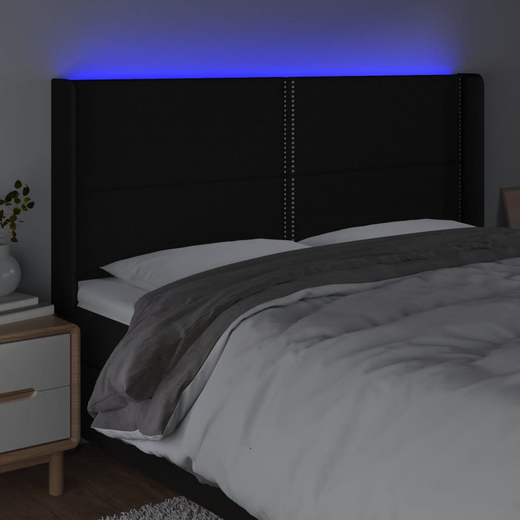 vidaXL Cabeceira de cama c/ luzes LED tecido 183x16x118/128 cm preto