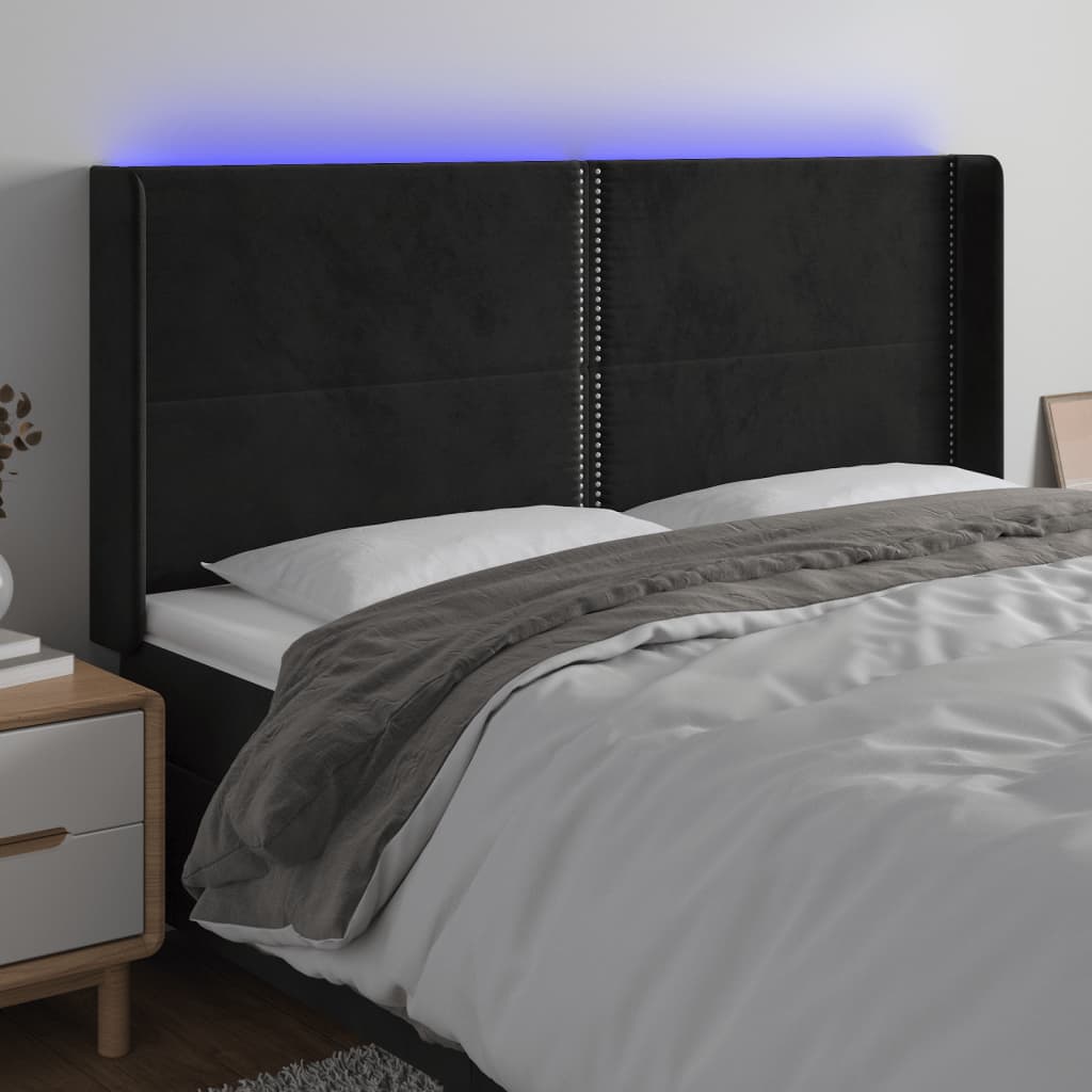 vidaXL Cabeceira de cama c/ luzes LED veludo 163x16x118/128 cm preto