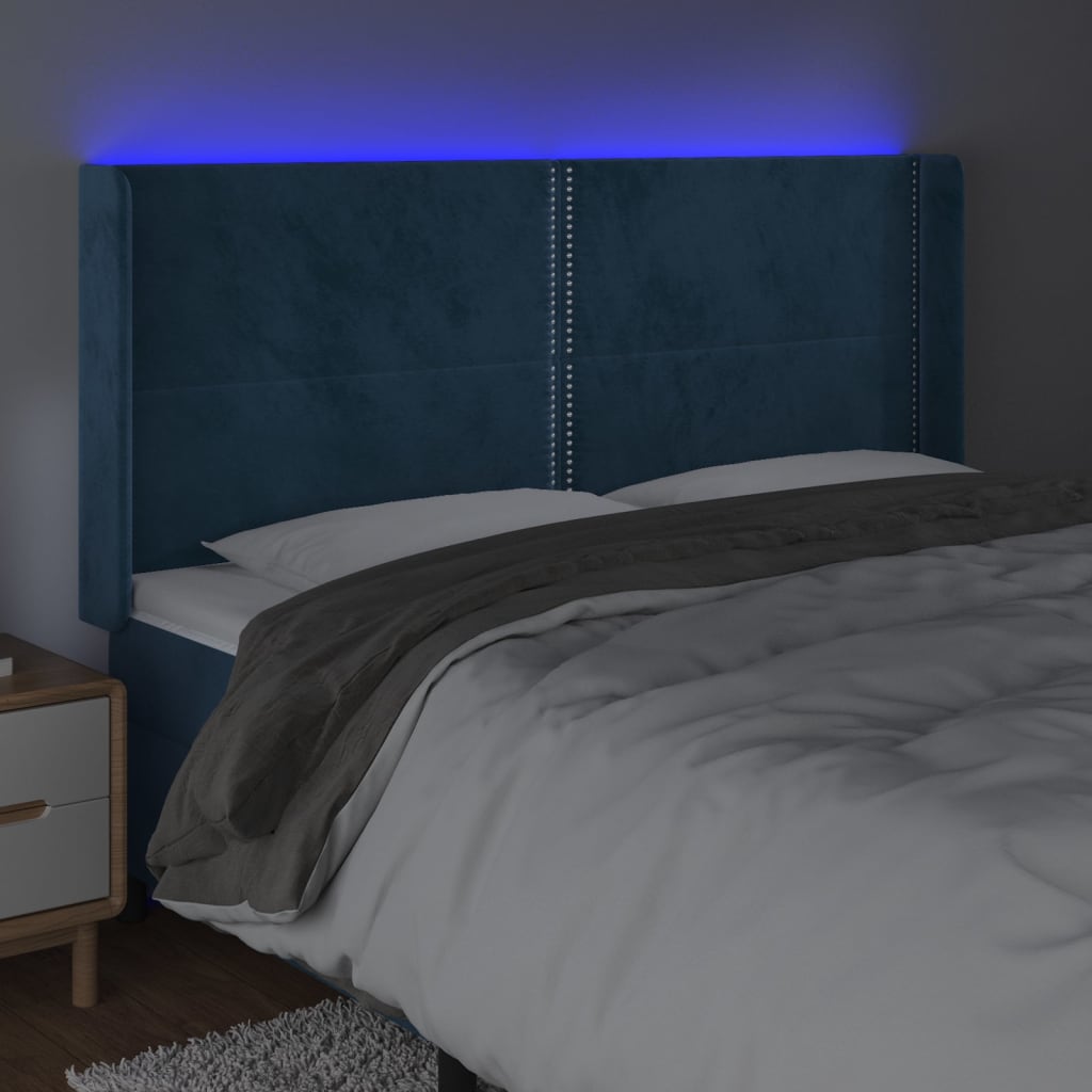 vidaXL Cabeceira cama c/ luzes LED veludo 163x16x118/128cm azul-escuro