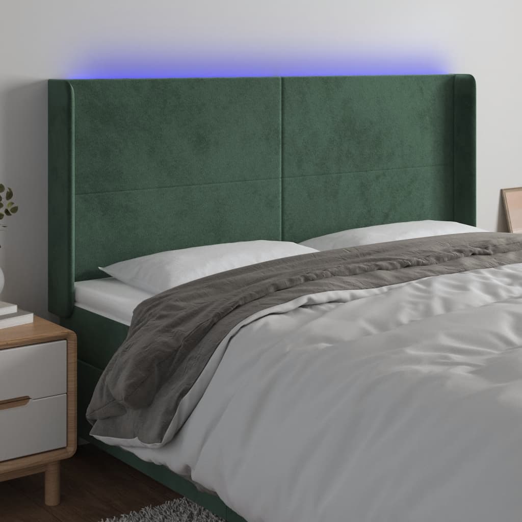 vidaXL Cabeceira de cama c/ LED veludo 203x16x118/128 cm verde-escuro