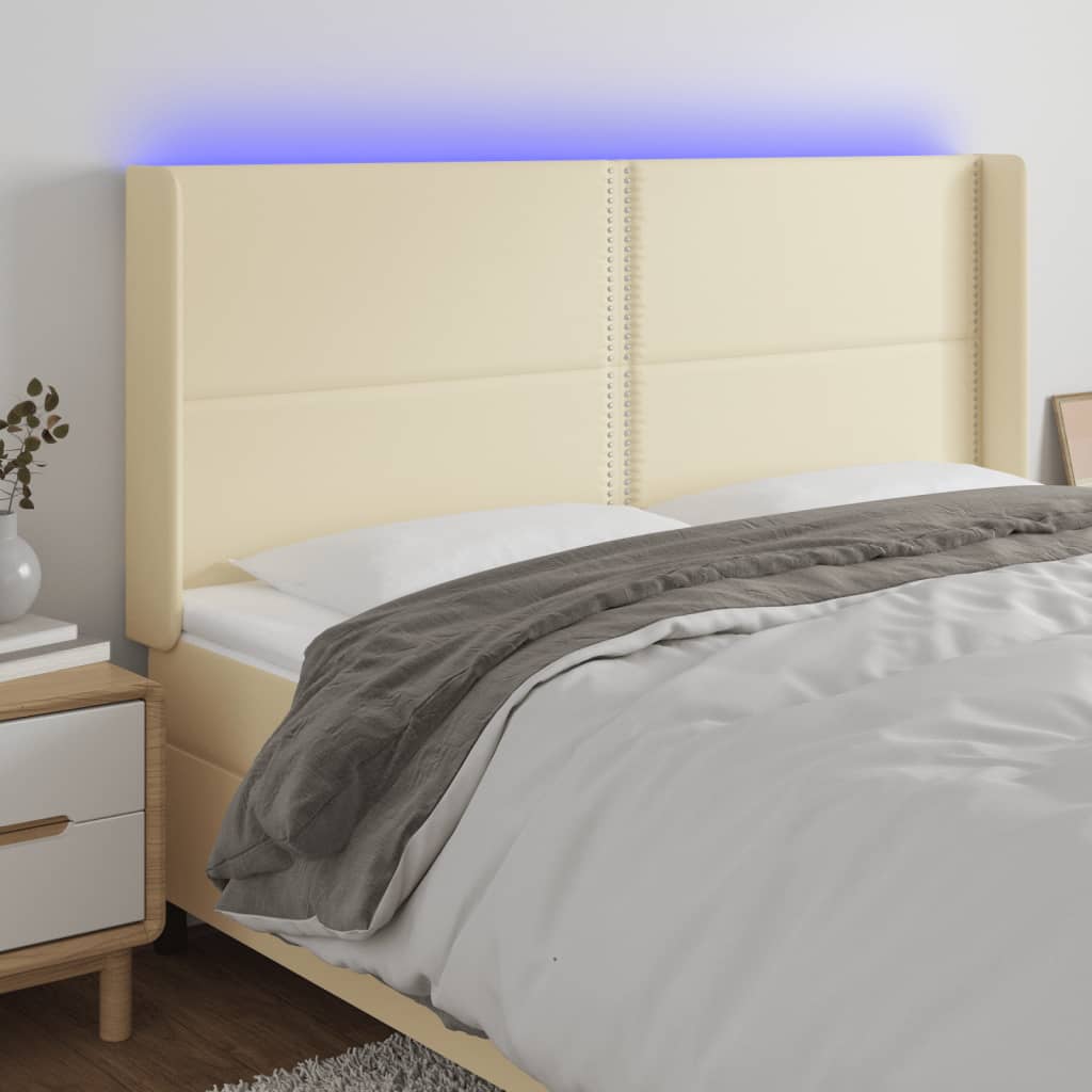 vidaXL Cabeceira cama c/ LED 163x16x118/128 cm couro artificial crème