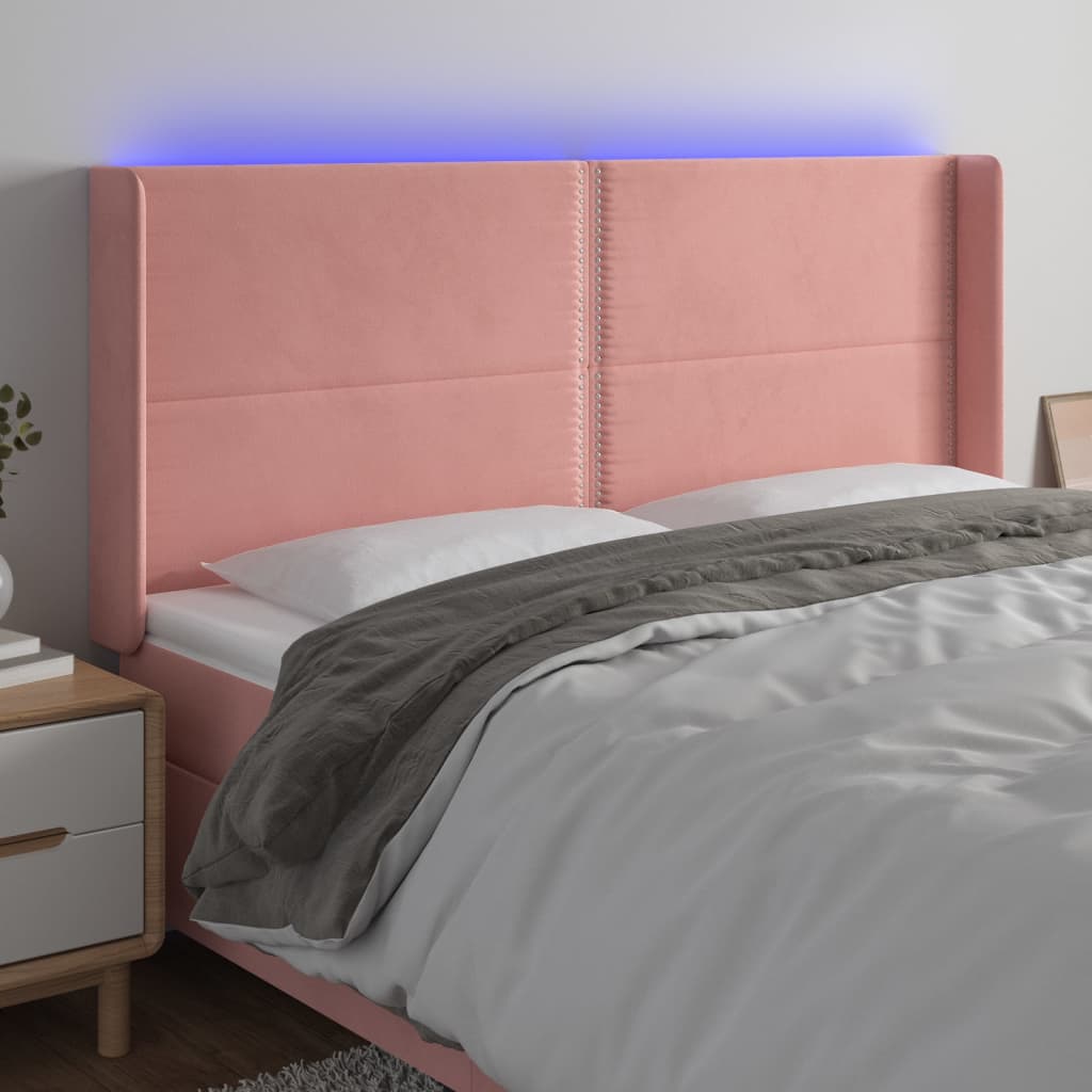 vidaXL Cabeceira de cama c/ luzes LED veludo 203x16x118/128 cm rosa