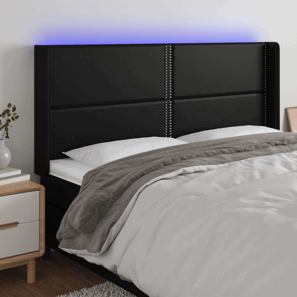 vidaXL Cabeceira cama c/ LED couro artificial 183x16x118/128 cm preto