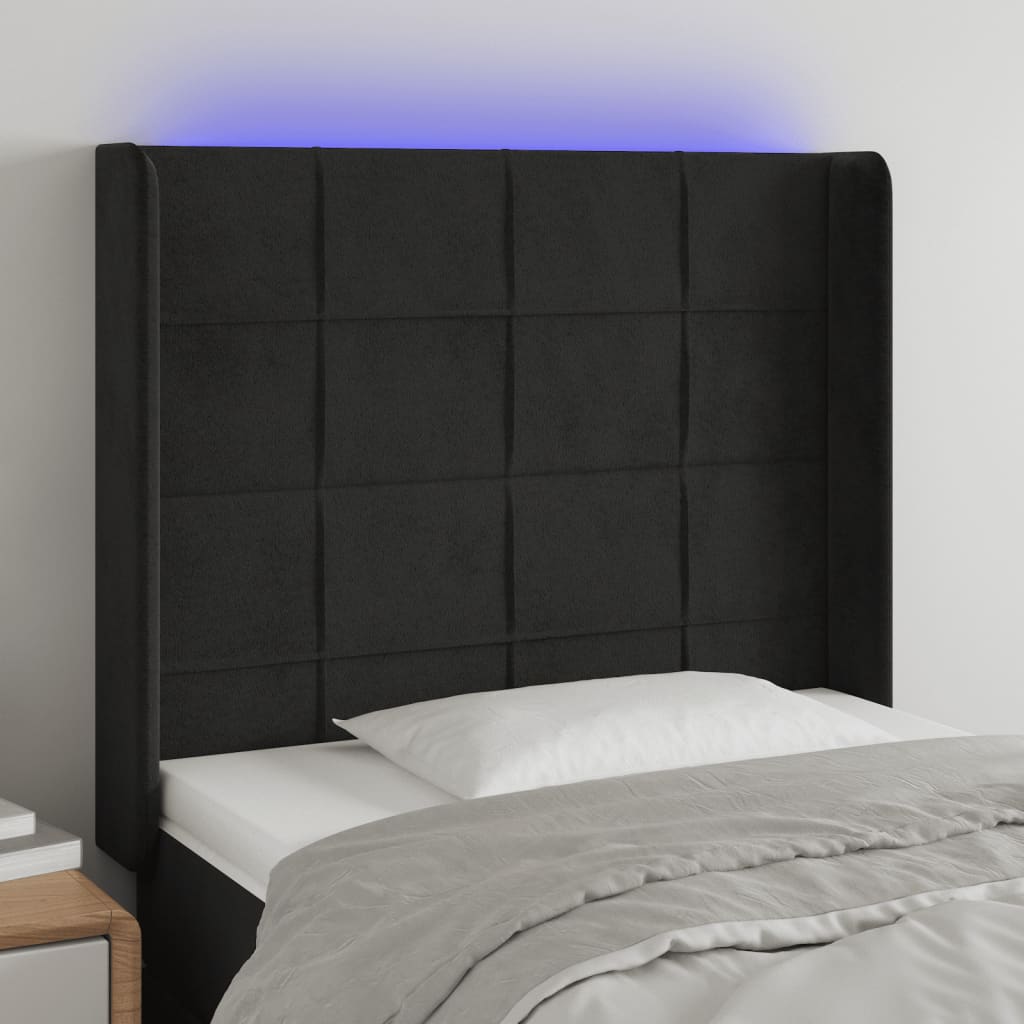 vidaXL Cabeceira de cama c/ luzes LED veludo 93x16x118/128 cm preto