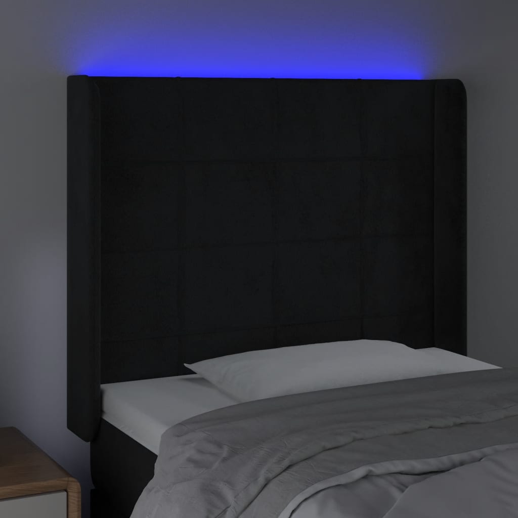 vidaXL Cabeceira de cama c/ luzes LED veludo 93x16x118/128 cm preto