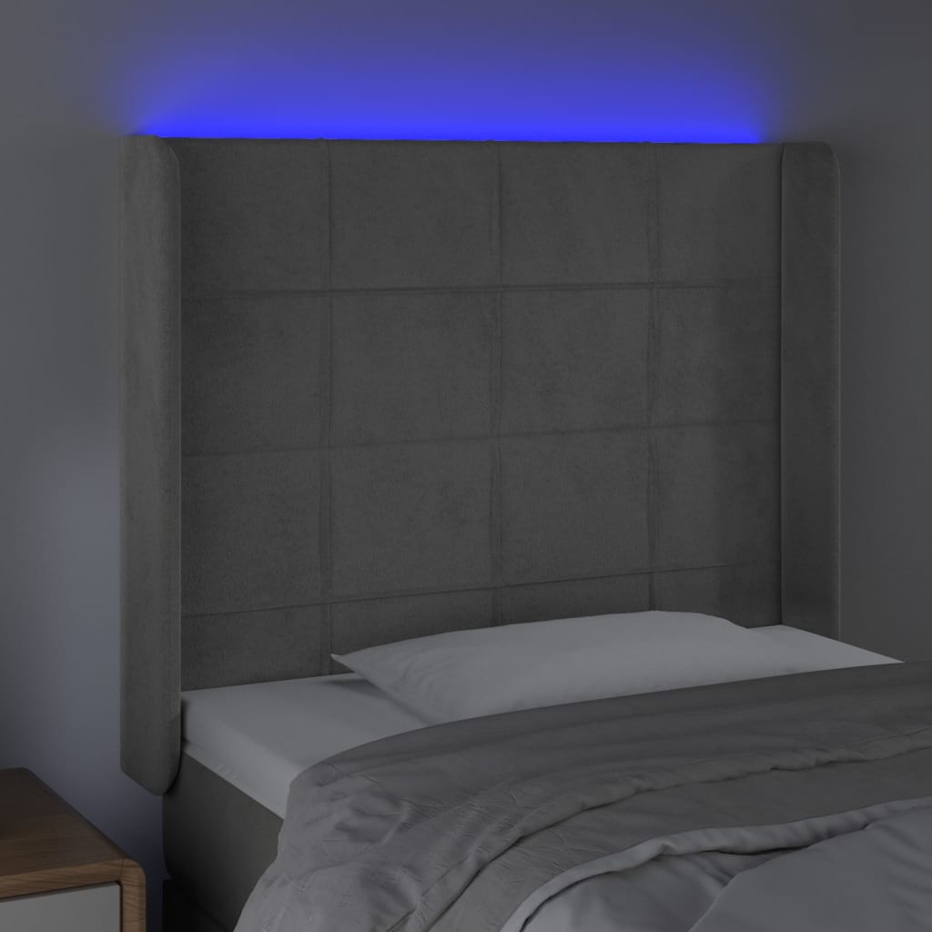 vidaXL Cabeceira cama c/ luzes LED veludo 103x16x118/128cm cinza-claro