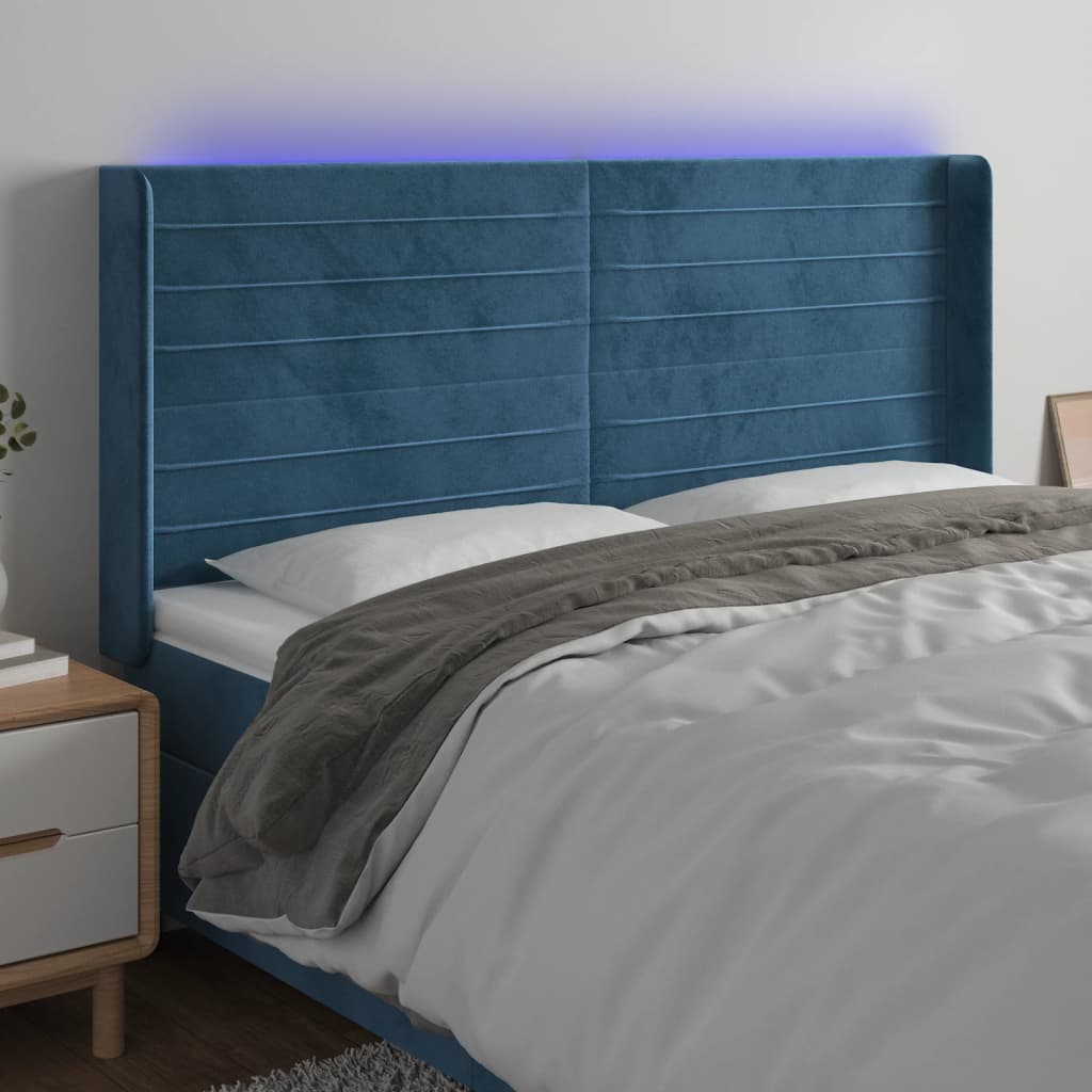 vidaXL Cabeceira cama c/ luzes LED veludo 203x16x118/128cm azul-escuro