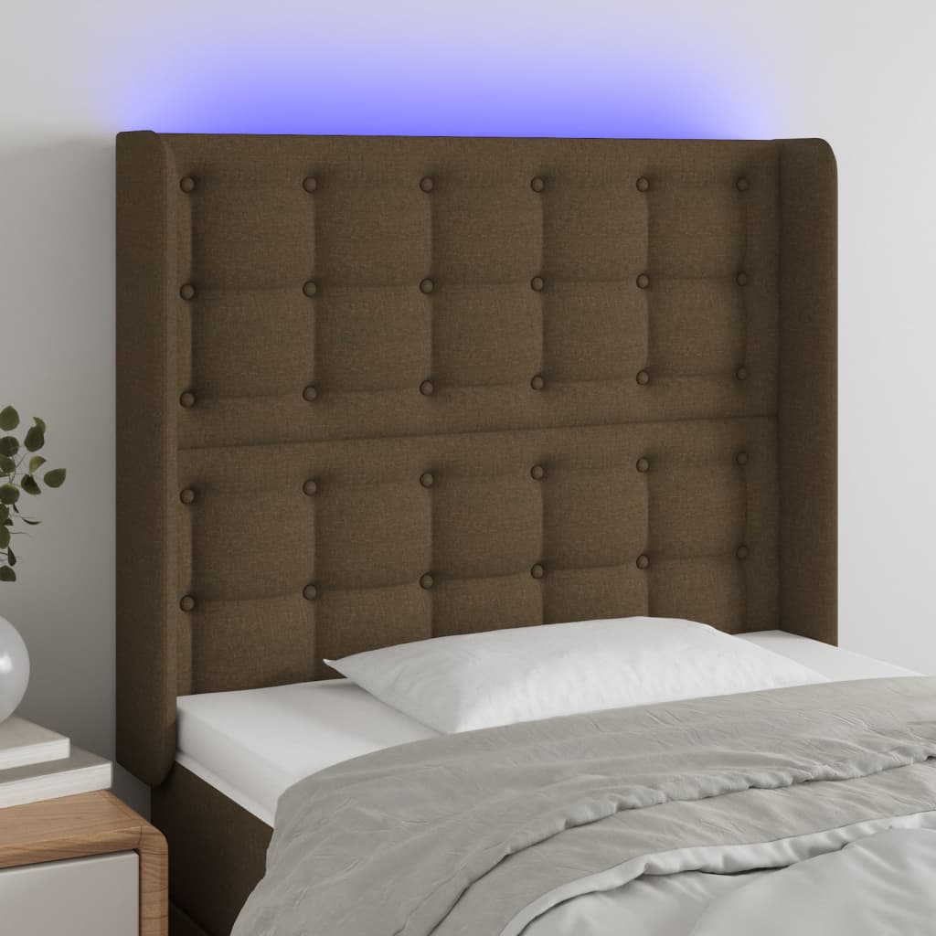 vidaXL Cabeceira de cama c/ luzes LED tecido 93x16x118/128 cm castanho