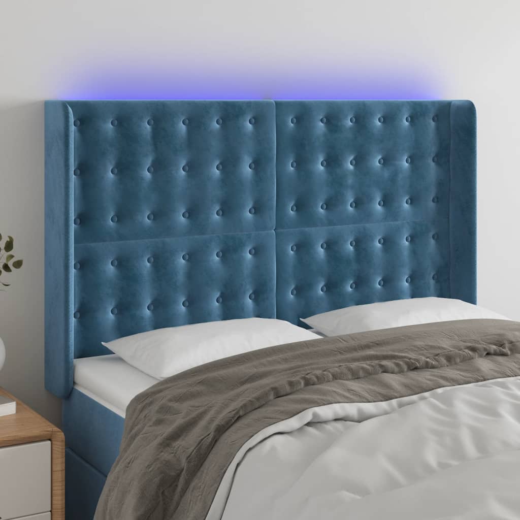 vidaXL Cabeceira cama c/ luzes LED veludo 147x16x118/128cm azul-escuro