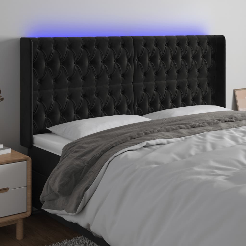 vidaXL Cabeceira de cama c/ luzes LED veludo 183x16x118/128 cm preto