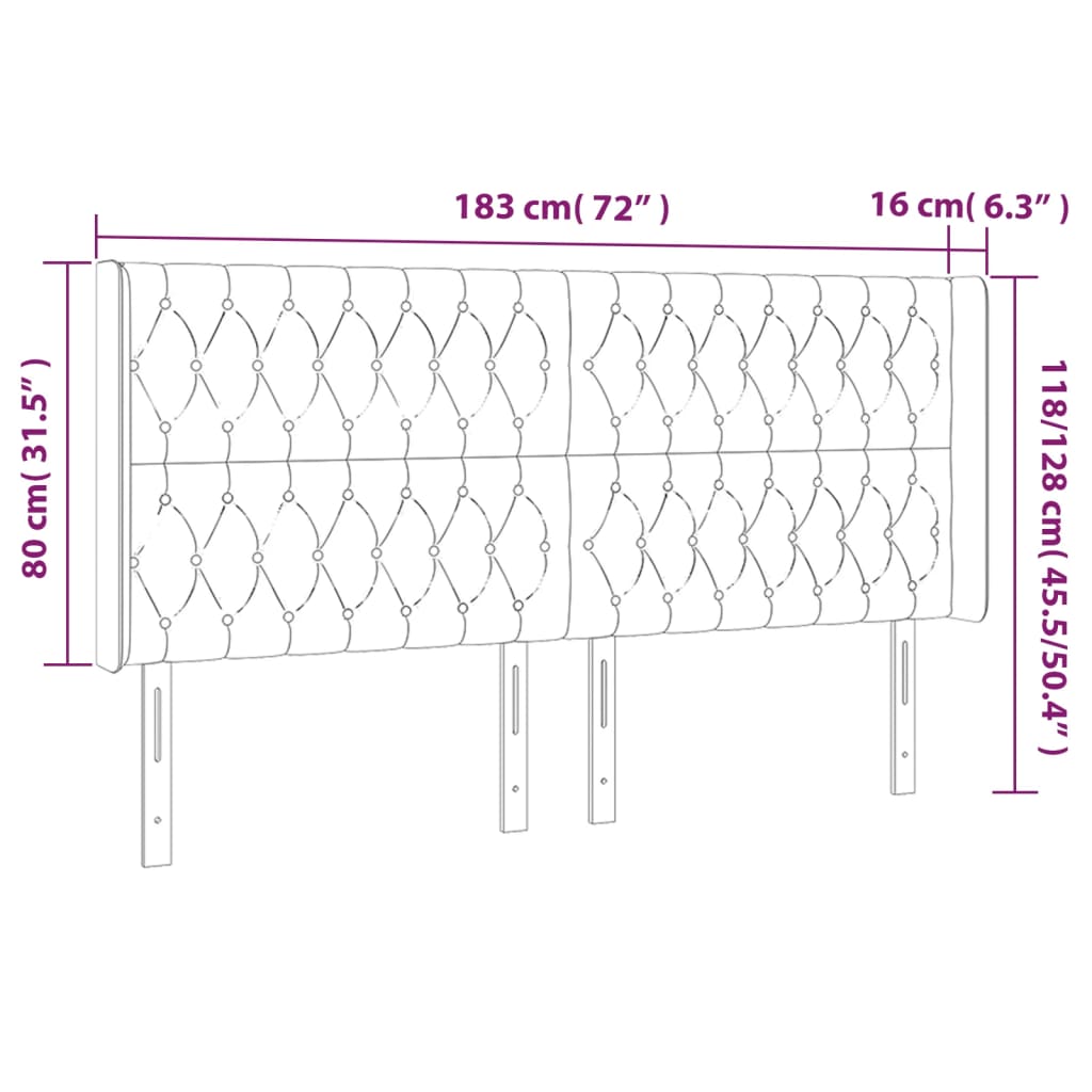 vidaXL Cabeceira de cama c/ luzes LED veludo 183x16x118/128 cm preto