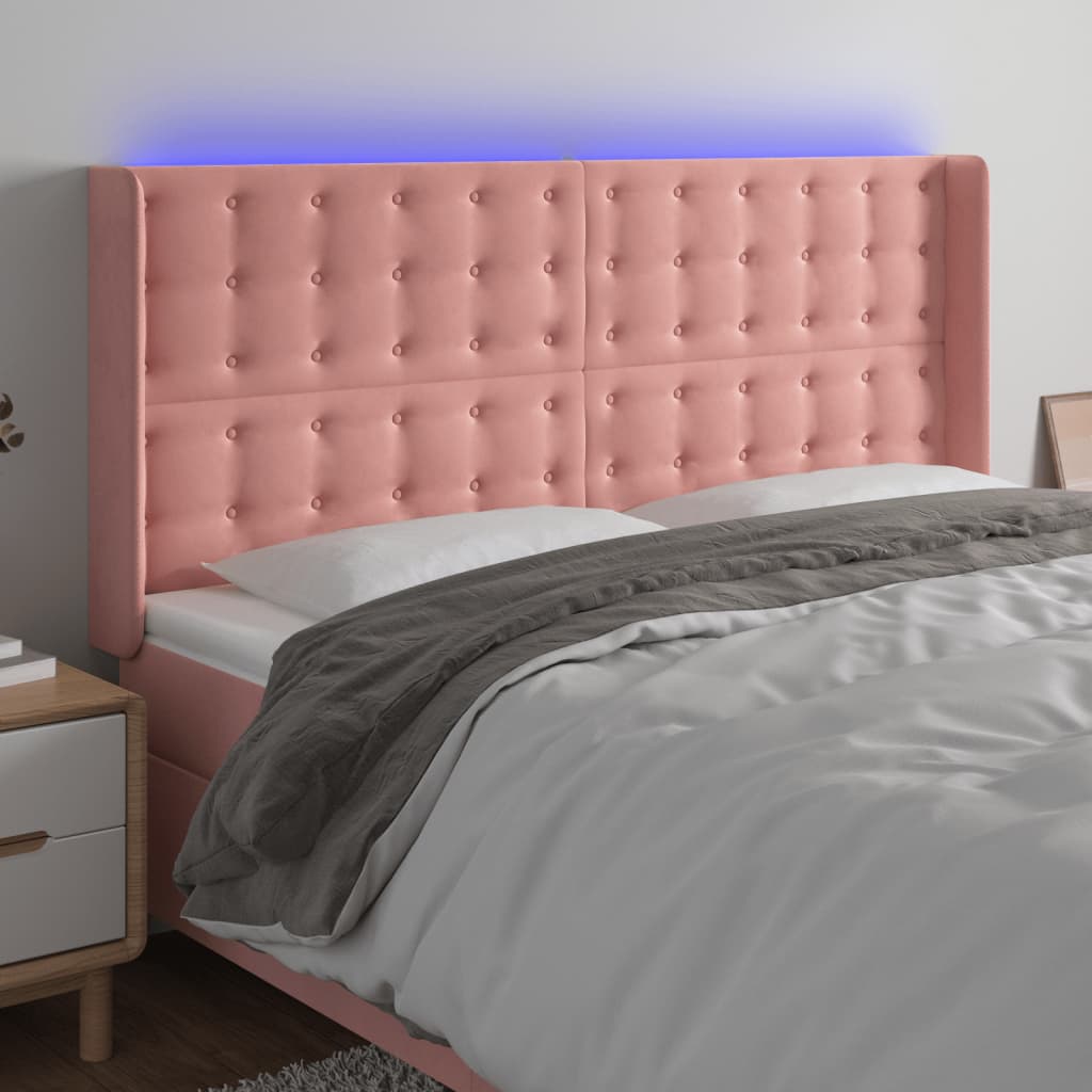 vidaXL Cabeceira de cama c/ luzes LED veludo 163x16x118/128 cm rosa