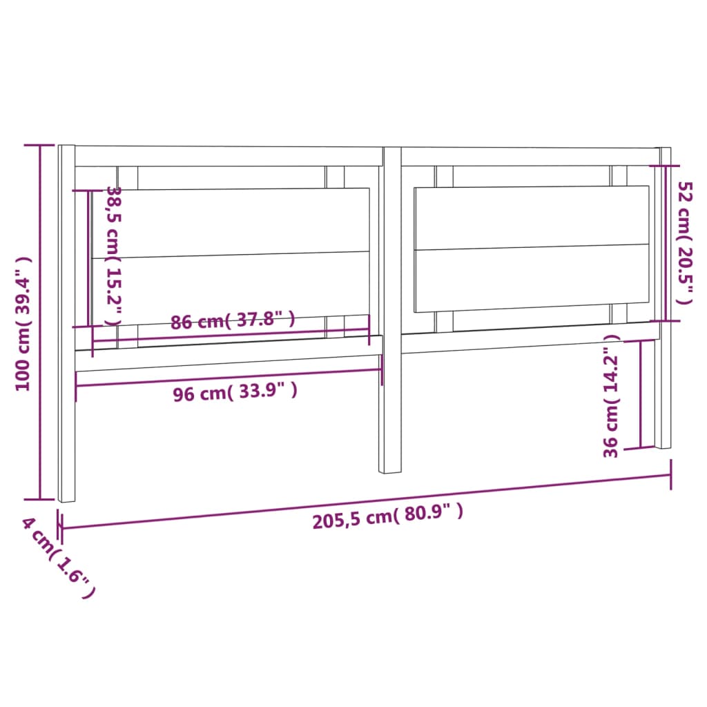 vidaXL Cabeceira de cama 205,5x4x100 cm pinho maciço preto