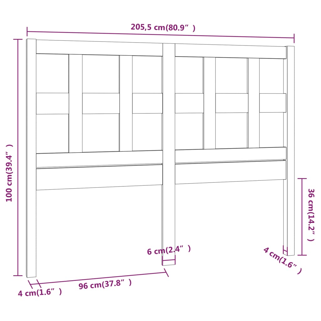 vidaXL Cabeceira de cama 205,5x4x100 cm pinho maciço preto