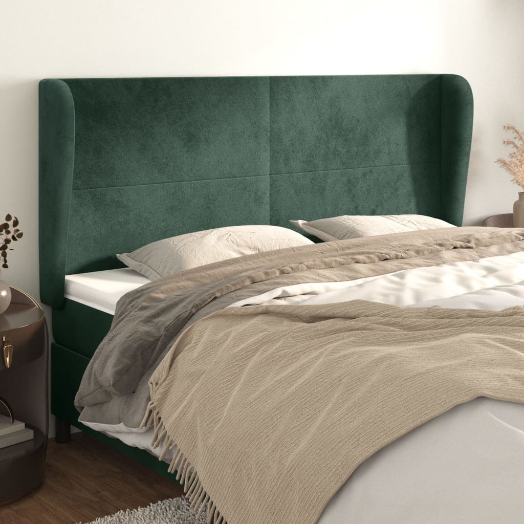 vidaXL Cabeceira cama c/ abas veludo 183x23x118/128 cm verde-escuro