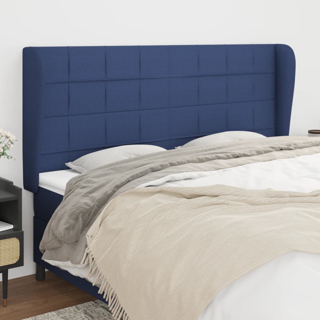 vidaXL Cabeceira de cama c/ abas tecido 203x23x118/128 cm azul