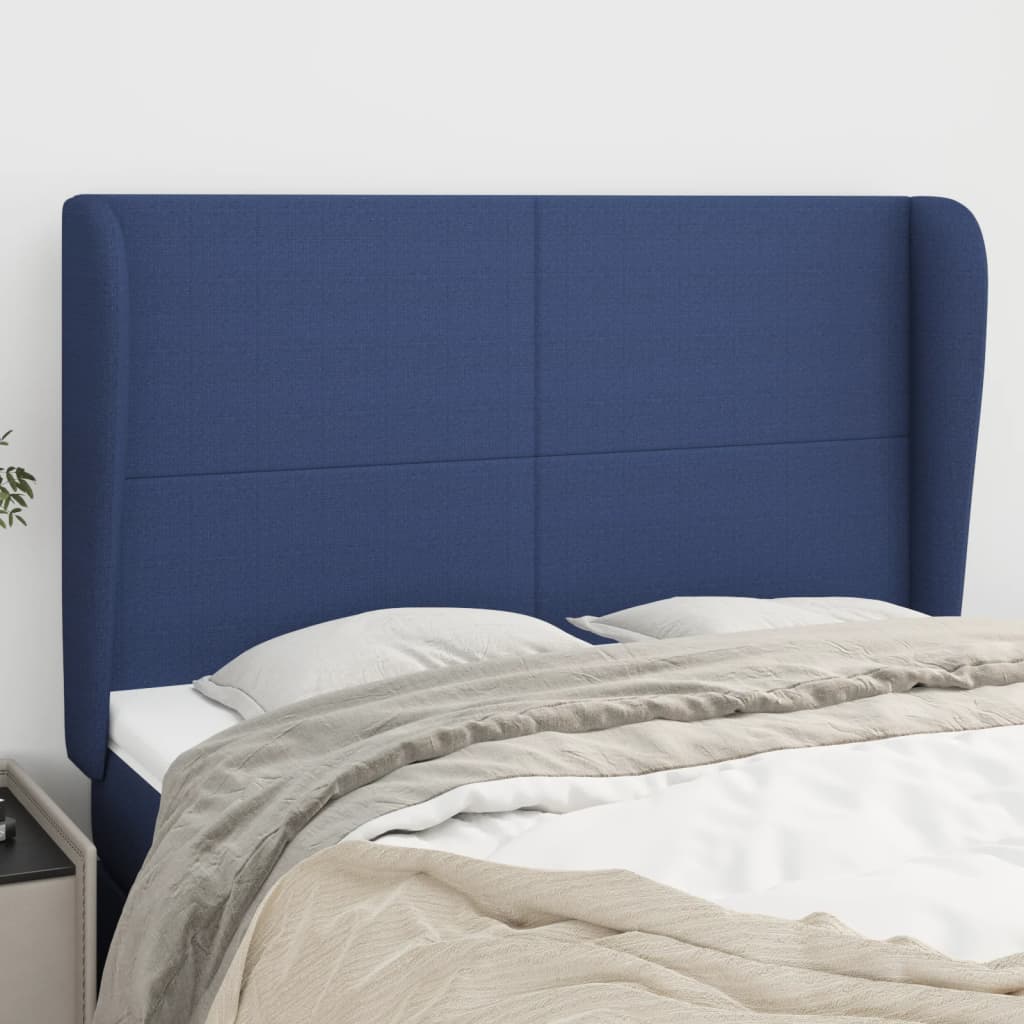 vidaXL Cabeceira de cama c/ abas tecido 147x23x118/128 cm azul