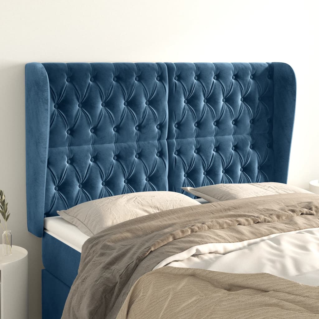 vidaXL Cabeceira cama c/ abas veludo 163x23x118/128 cm azul-escuro