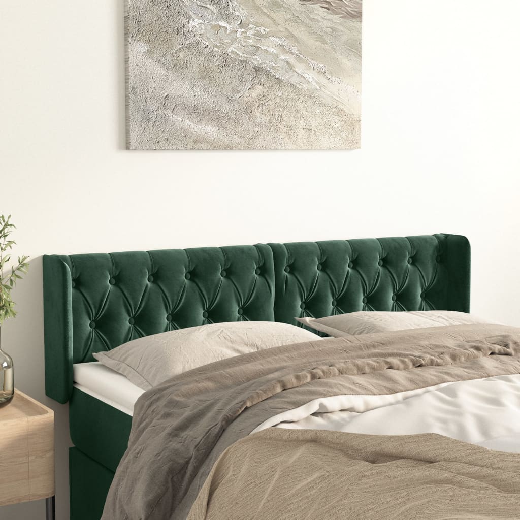 vidaXL Cabeceira de cama c/ abas tecido 147x16x78/88cm verde-escuro